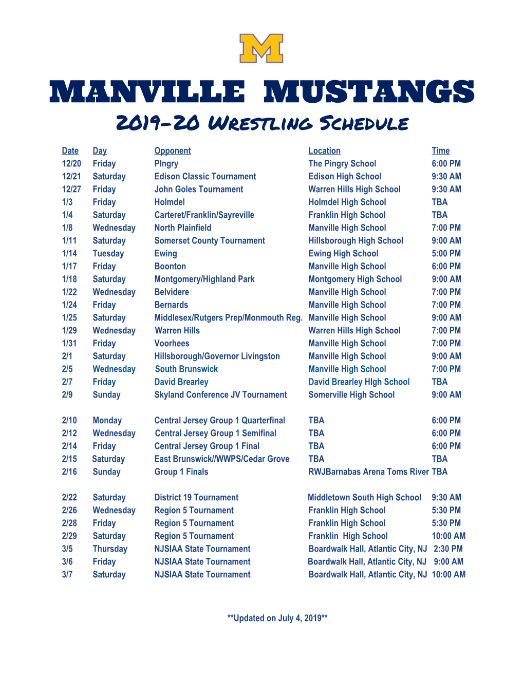 MANVILLE MUSTANGS 2019-20 Wrestling Schedule