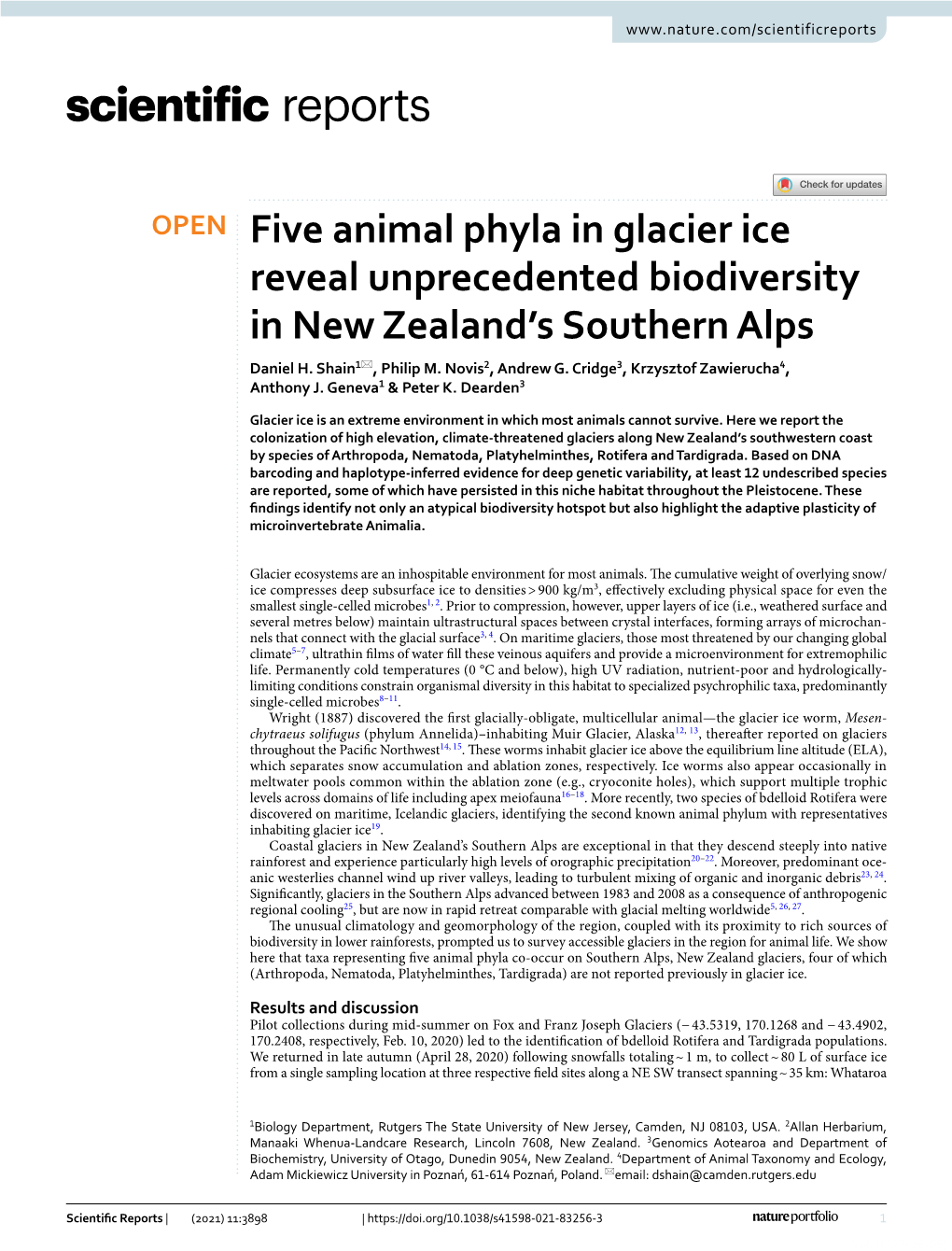 Five Animal Phyla in Glacier Ice Reveal Unprecedented Biodiversity in New Zealand’S Southern Alps Daniel H