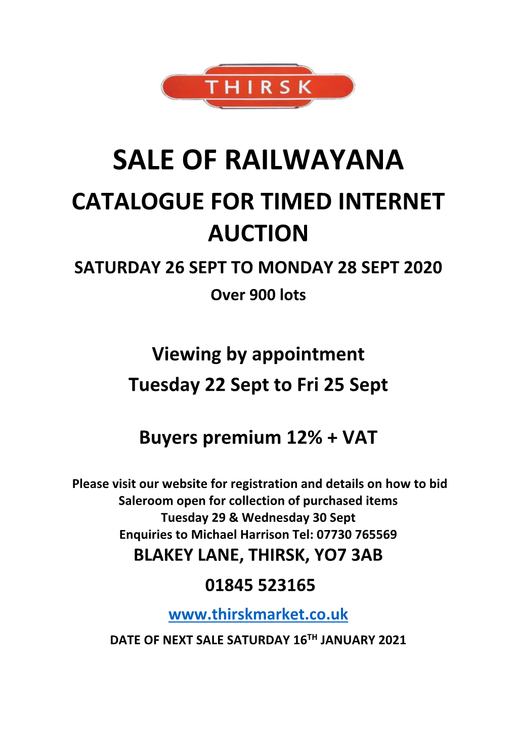 SALE of RAILWAYANA CATALOGUE for TIMED INTERNET AUCTION SATURDAY 26 SEPT to MONDAY 28 SEPT 2020 Over 900 Lots