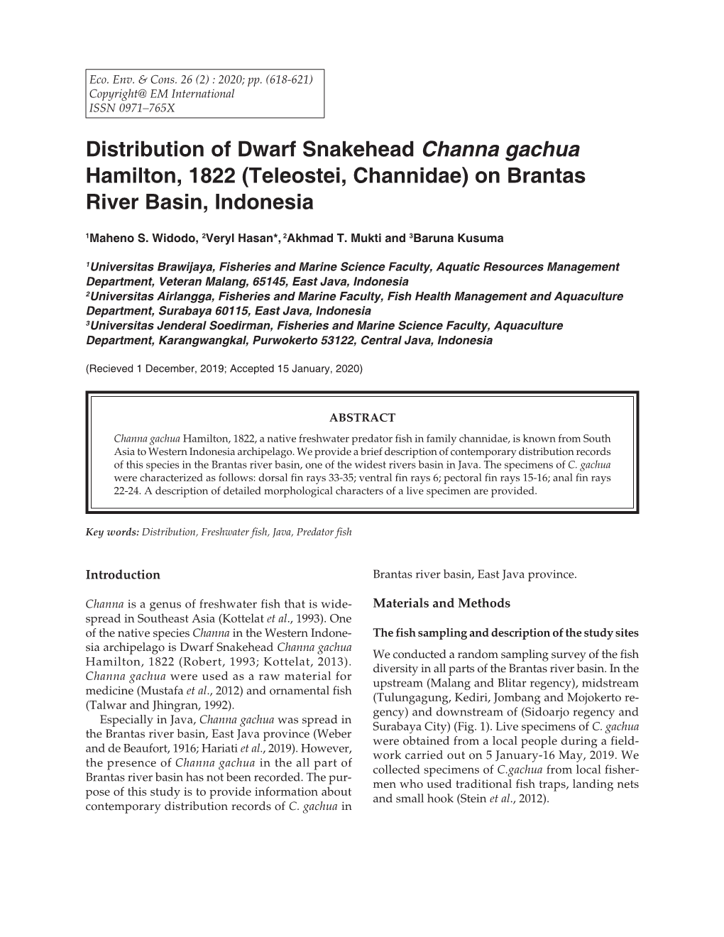 Distribution of Dwarf Snakehead Channa Gachua Hamilton, 1822 (Teleostei, Channidae) on Brantas River Basin, Indonesia