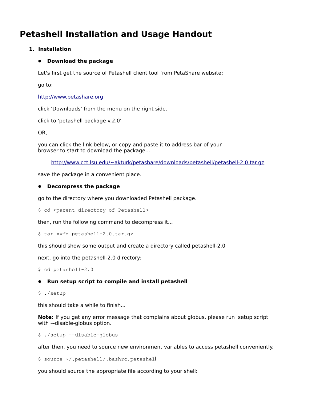 Petashell Installation and Usage Handout