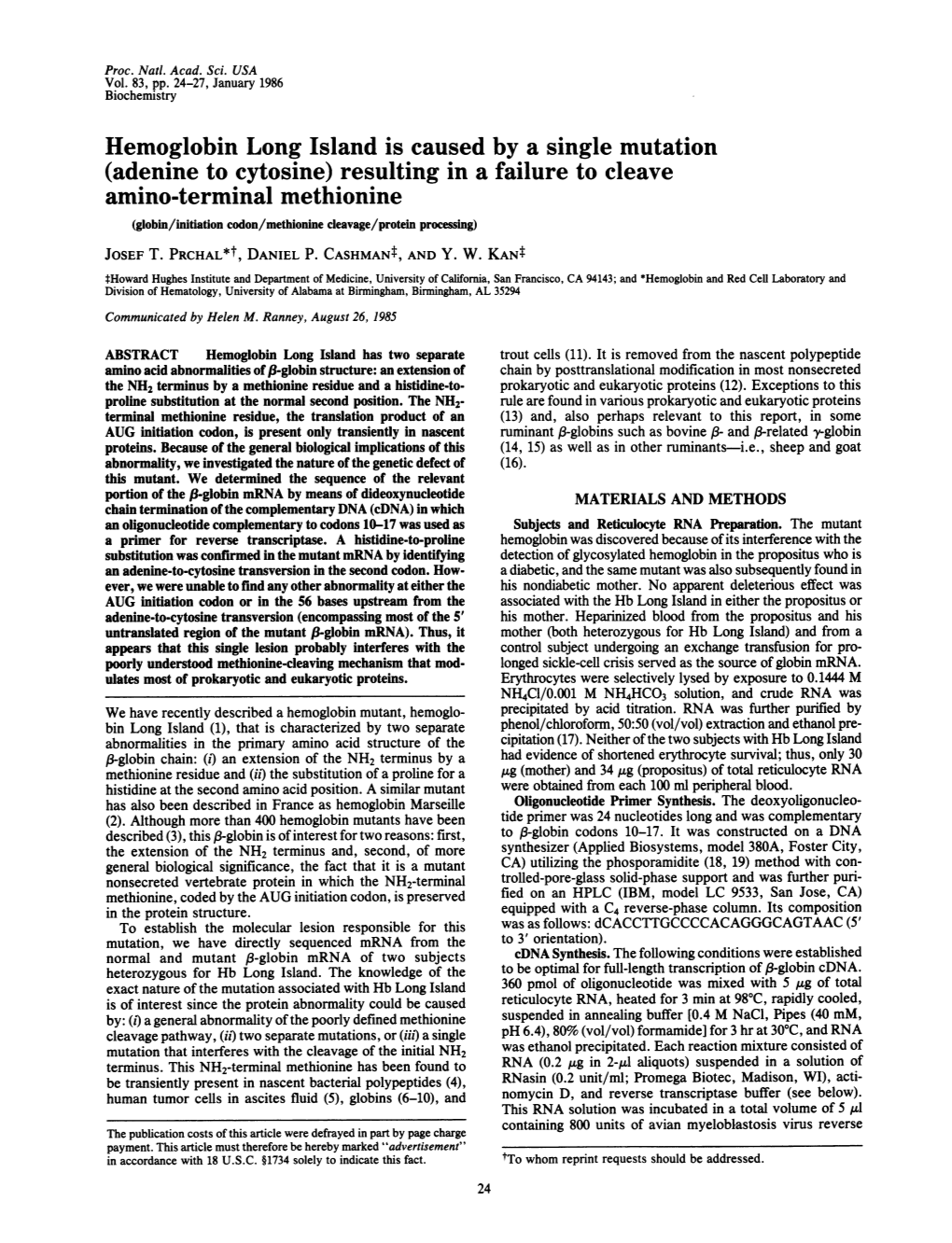 (Adenine to Cytosine) Resulting in a Failure to Cleave Amino-Terminal Methionine (Globin/Initiation Codon/Methionine Cleavage/Protein Processing) JOSEF T