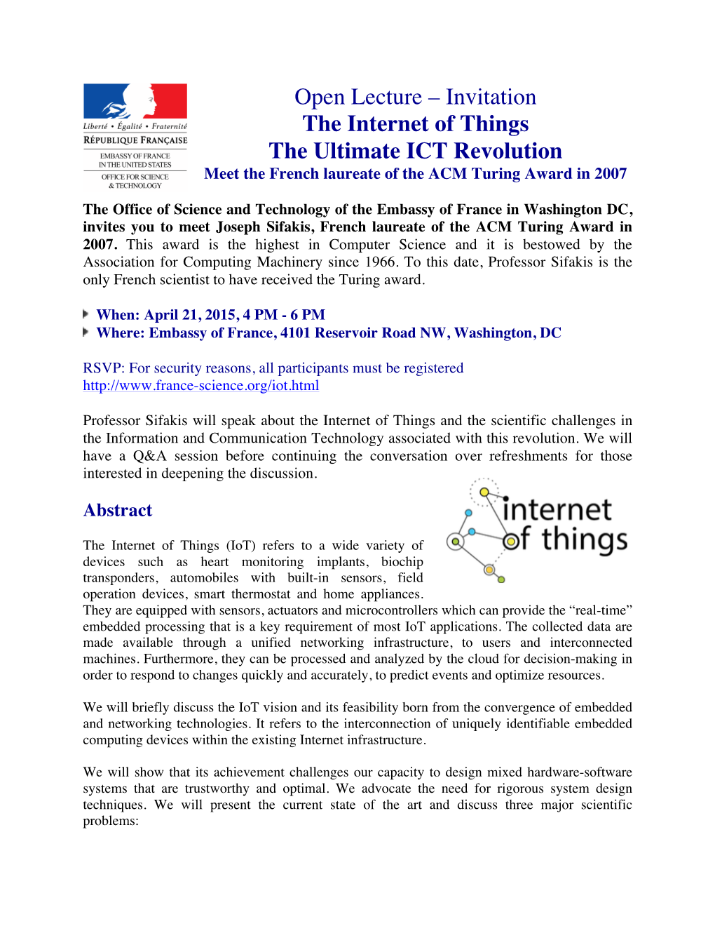 Open Lecture – Invitation the Internet of Things the Ultimate ICT Revolution Meet the French Laureate of the ACM Turing Award in 2007
