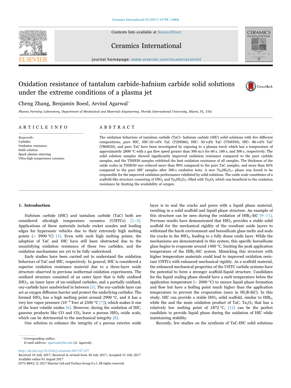 Oxidation Resistance of Tantalum Carbide-Hafnium Carbide Solid