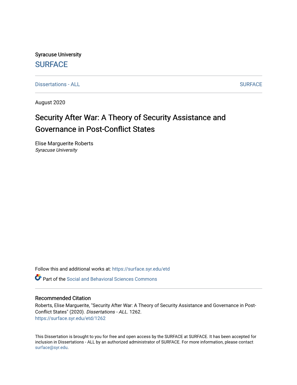 A Theory of Security Assistance and Governance in Post-Conflict States
