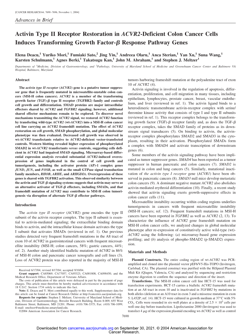 Activin Type II Receptor Restoration in ACVR2-Deficient Colon Cancer Cells Induces Transforming Growth Factor-␤ Response Pathway Genes