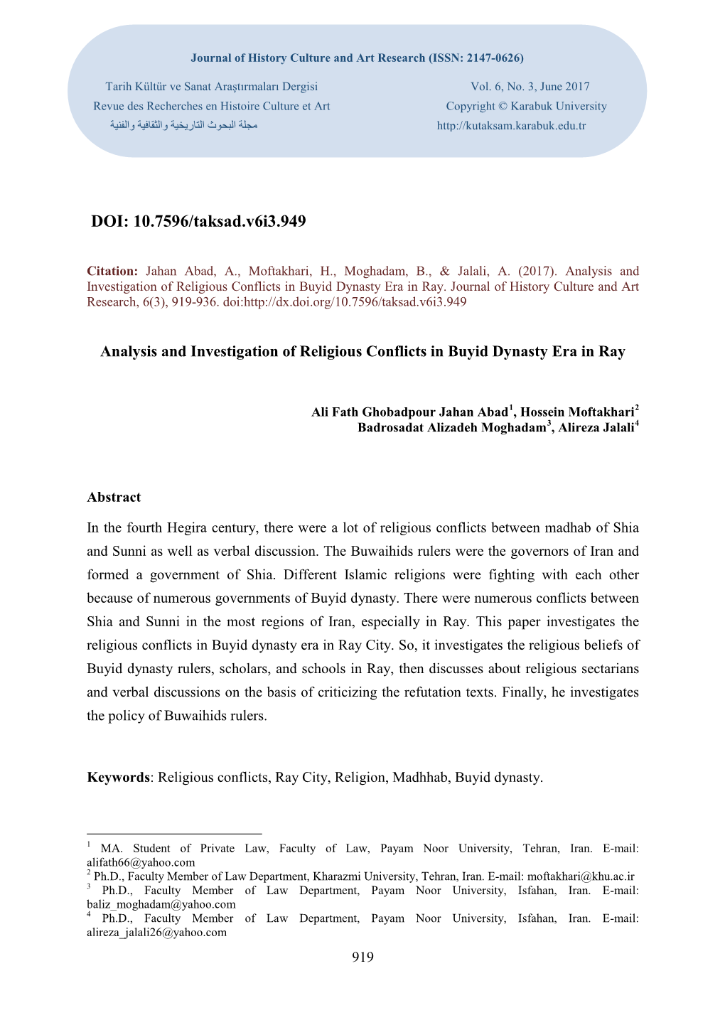 Analysis and Investigation of Religious Conflicts in Buyid Dynasty Era in Ray