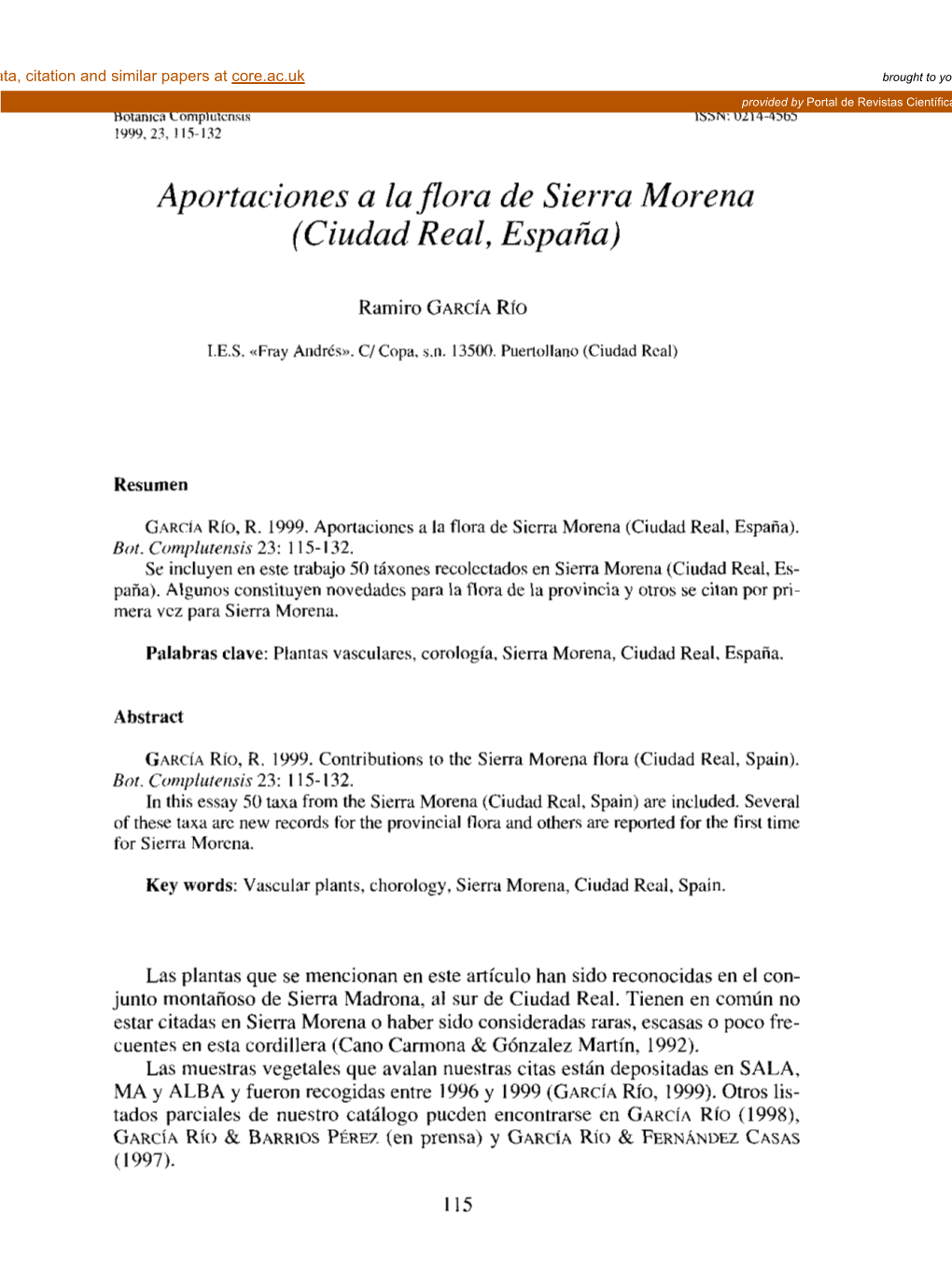 Aportaciones a La Flora De Sierra Morena (Ciudad Real, España)