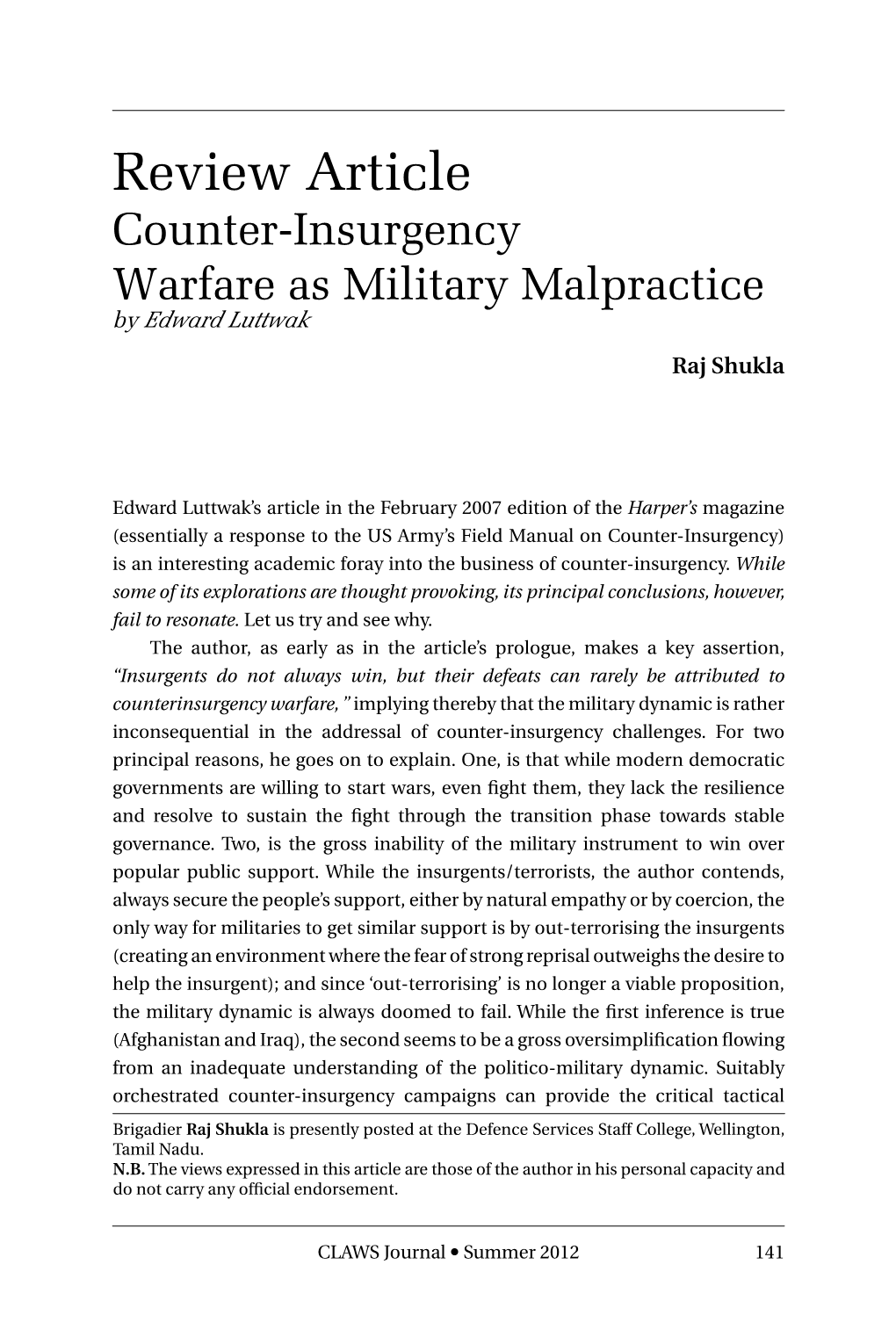 Review Article Counter-Insurgency Warfare As Military Malpractice by Edward Luttwak