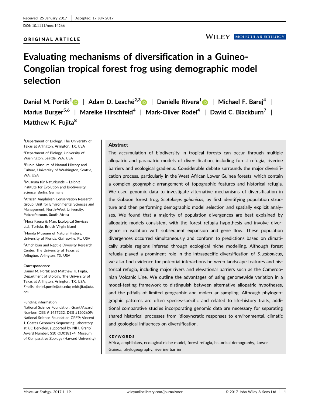 Congolian Tropical Forest Frog Using Demographic Model Selection