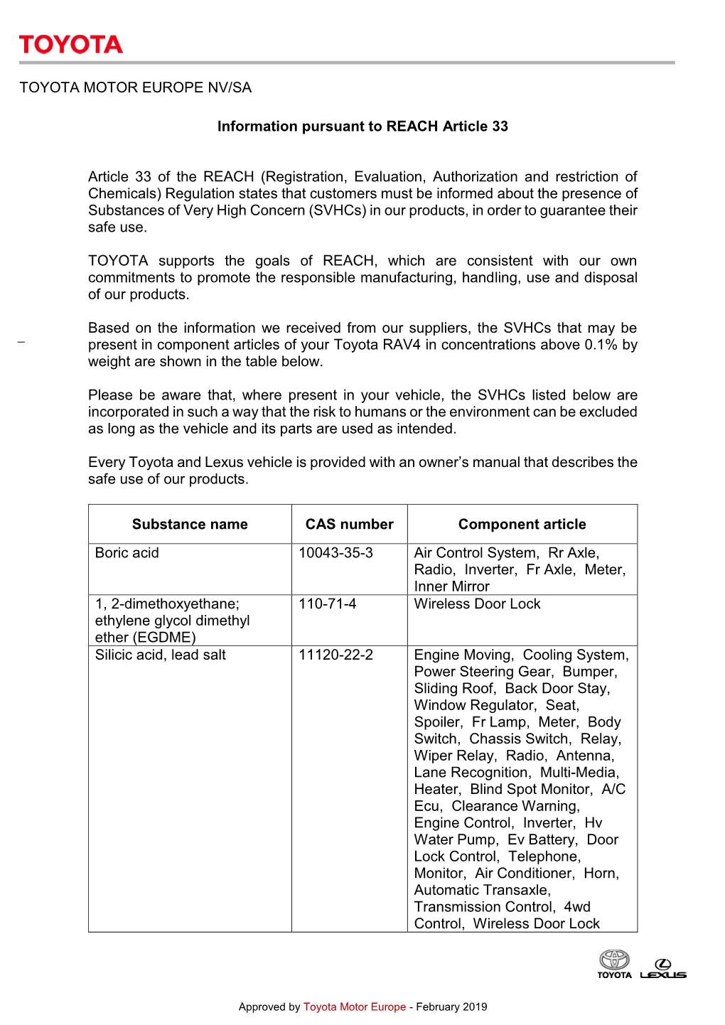 TOYOTA MOTOR EUROPE NV/SA Information Pursuant to REACH