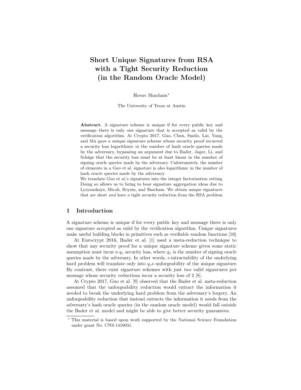 Short Unique Signatures from RSA with a Tight Security Reduction (In the Random Oracle Model)