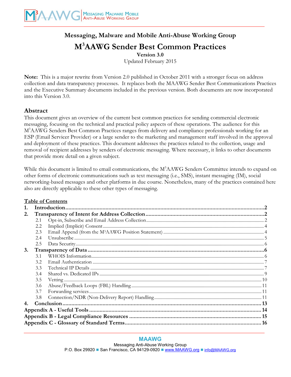 M3AAWG Sender Best Common Practices Version 3.0 Updated February 2015