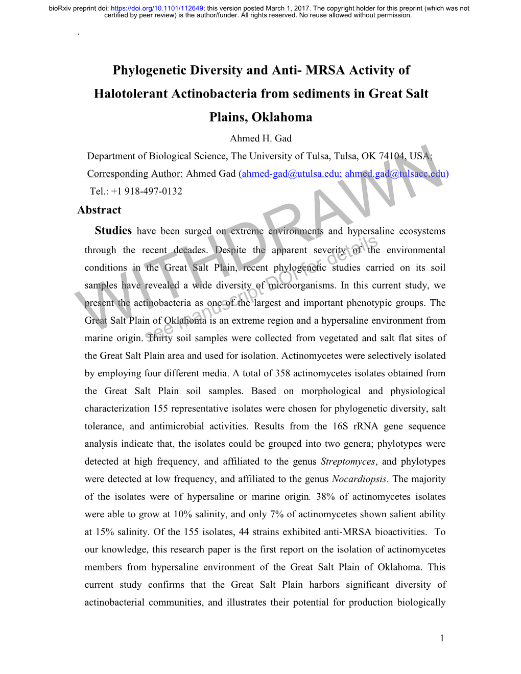 Phylogenetic Diversity and Anti-MRSA Activity of Halotolerant Actinobacteria from Sediments in Great Salt Plains, Oklahoma