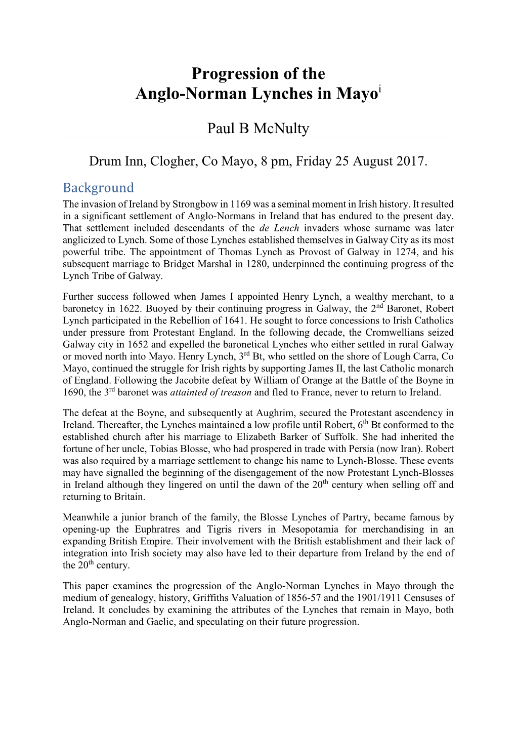 Progression of the Anglo-Norman Lynches in Mayo Through the Medium of Genealogy, History, Griffiths Valuation of 1856-57 and the 1901/1911 Censuses of Ireland