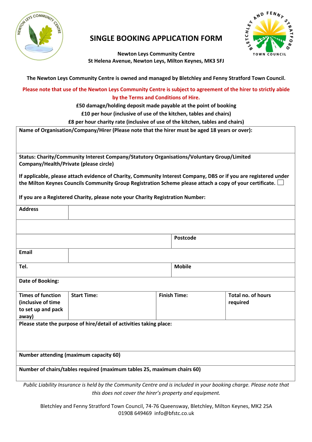 Single Booking Application Form