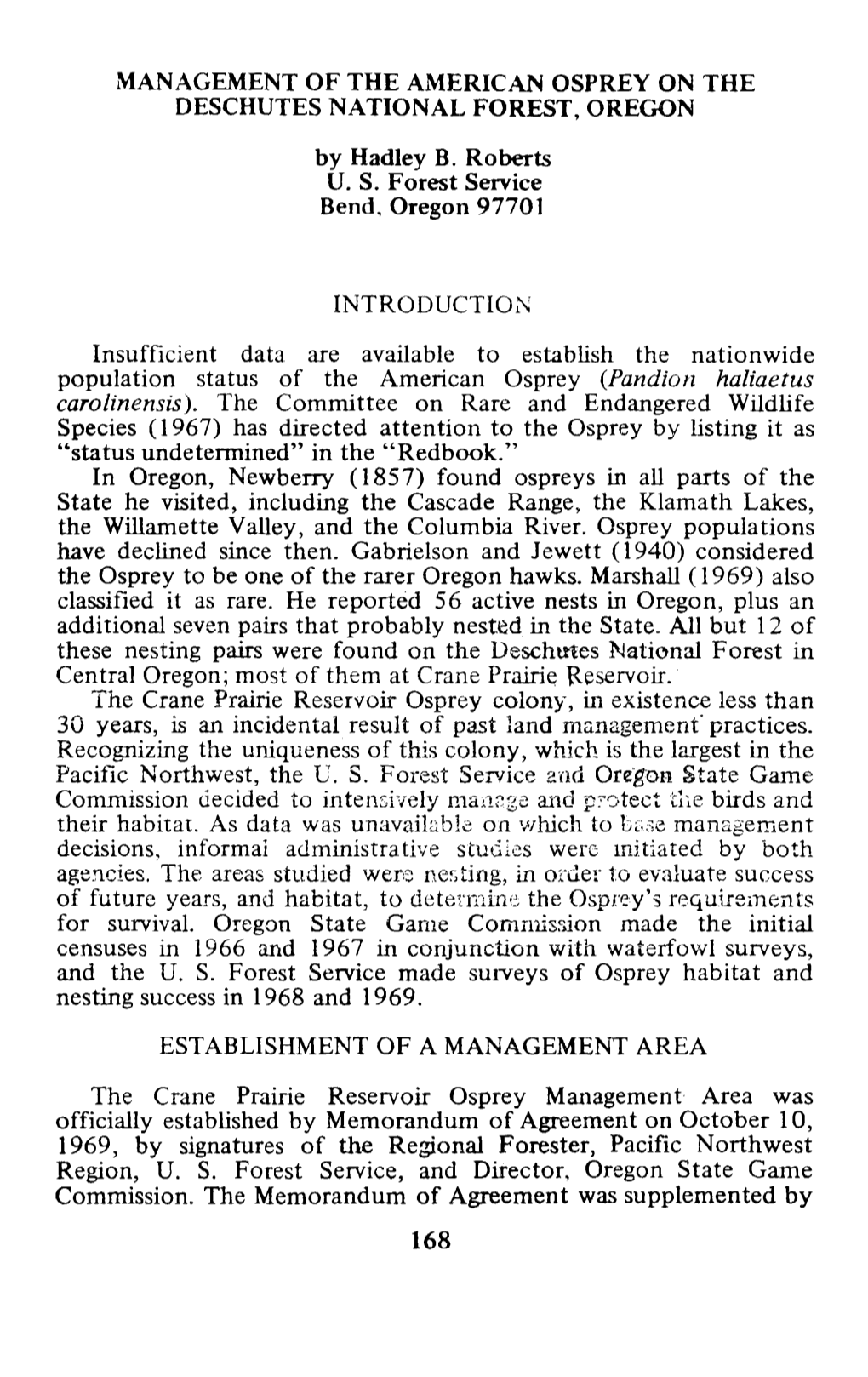 Management of the American Osprey on the Deschutes National Forest, Oregon