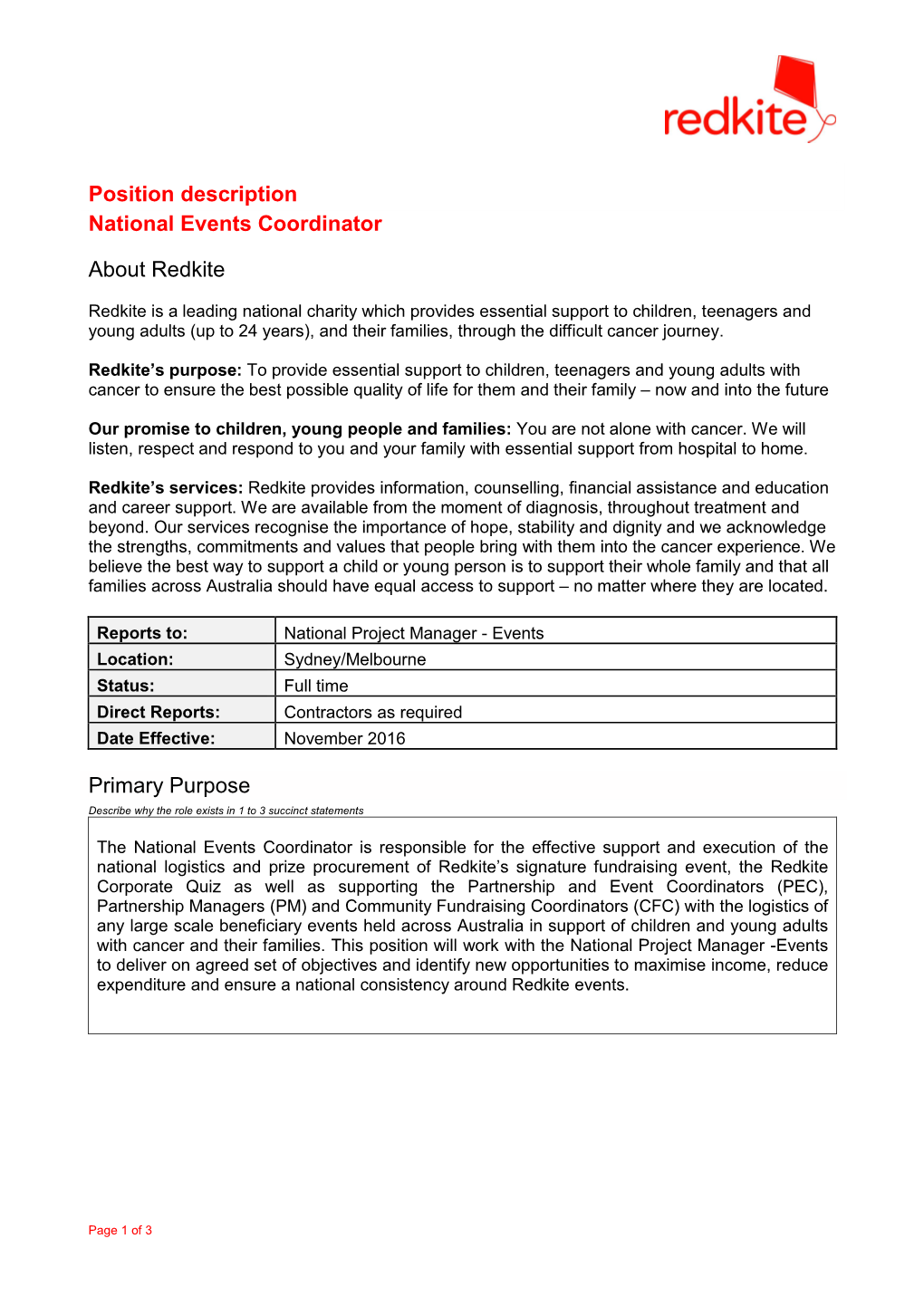 Position Description National Events Coordinator About Redkite