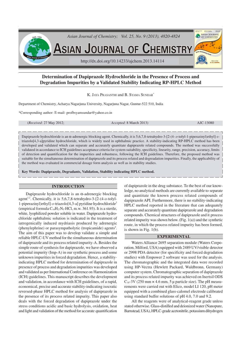 Determination of Dapiprazole Hydrochloride in the Presence of Process and Degradation Impurities by a Validated Stability Indicating RP-HPLC Method