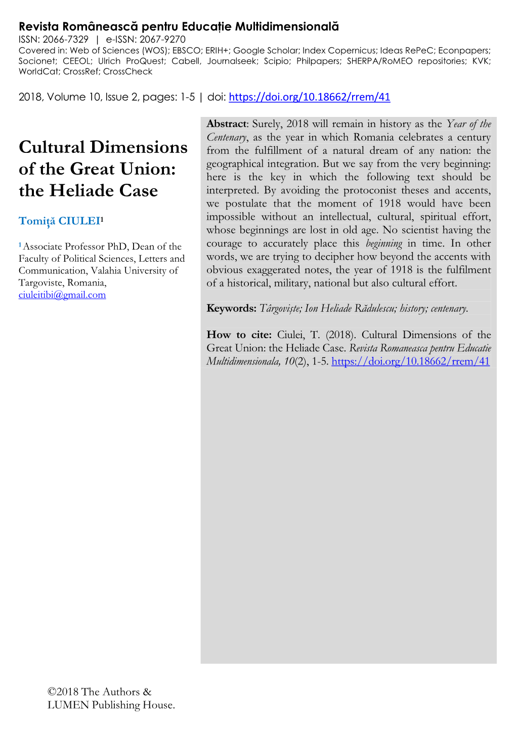 Cultural Dimensions of the Great Union: the Heliade Case