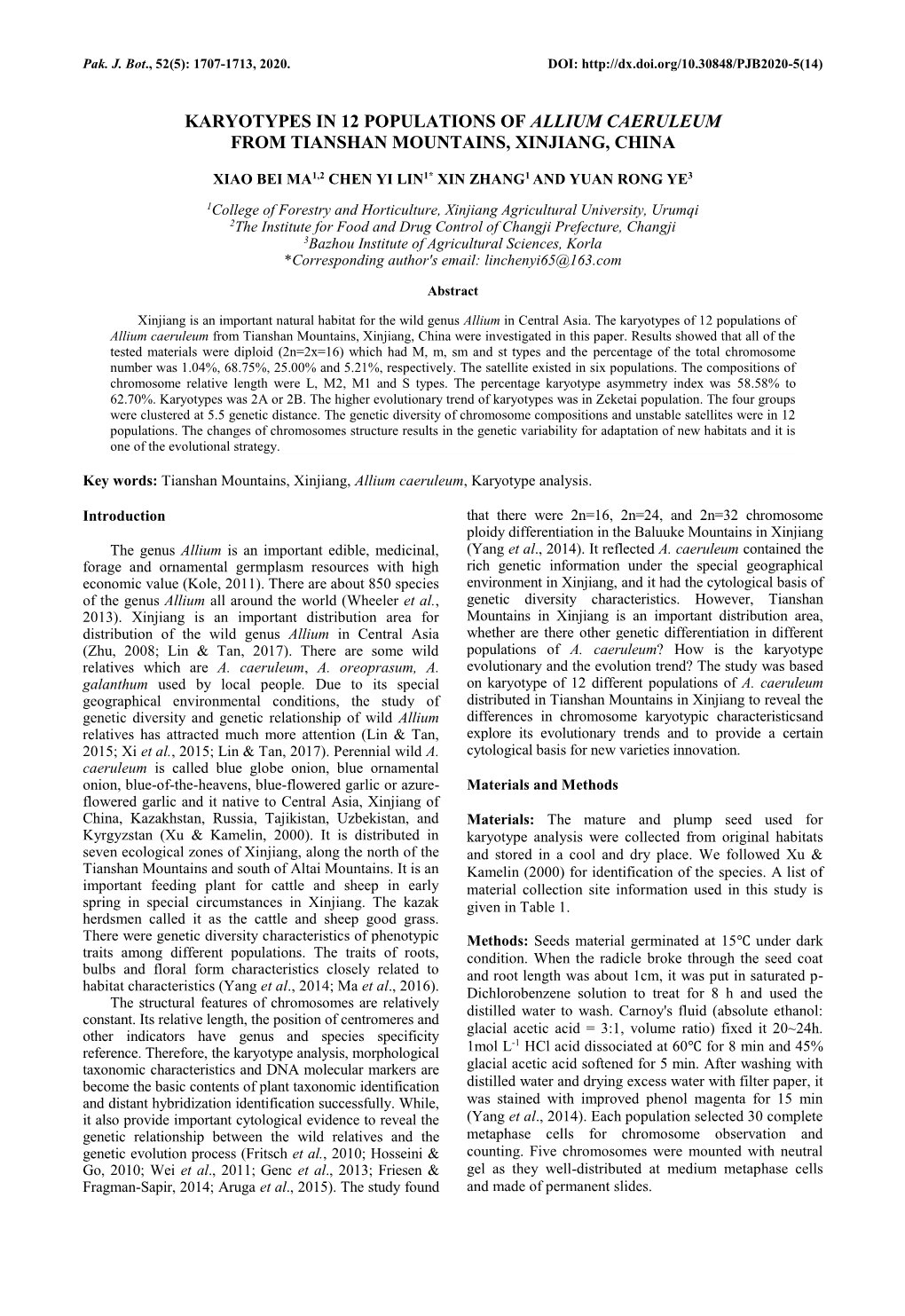 Karyotypes in 12 Populations of Allium Caeruleum from Tianshan Mountains, Xinjiang, China