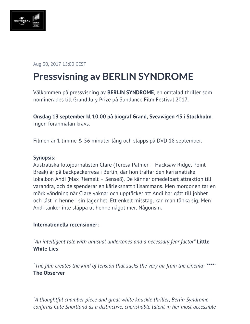 Pressvisning Av BERLIN SYNDROME