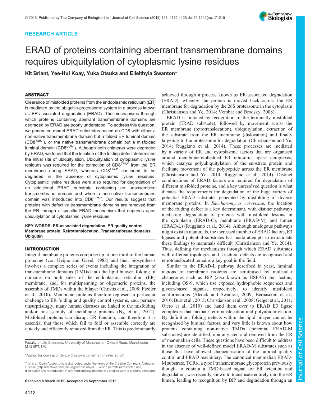 ERAD of Proteins Containing Aberrant Transmembrane Domains Requires Ubiquitylation of Cytoplasmic Lysine Residues