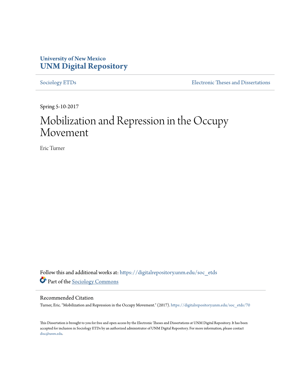 Mobilization and Repression in the Occupy Movement Eric Turner