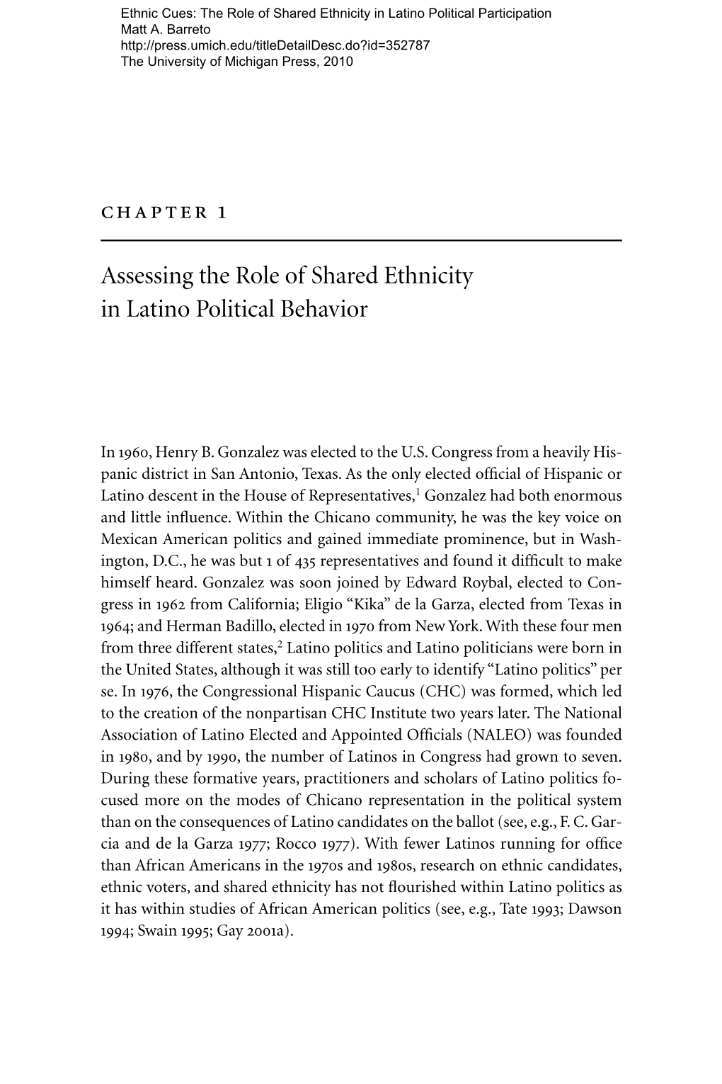 Chapter 1 Assessing the Role of Shared Ethnicity in Latino Political