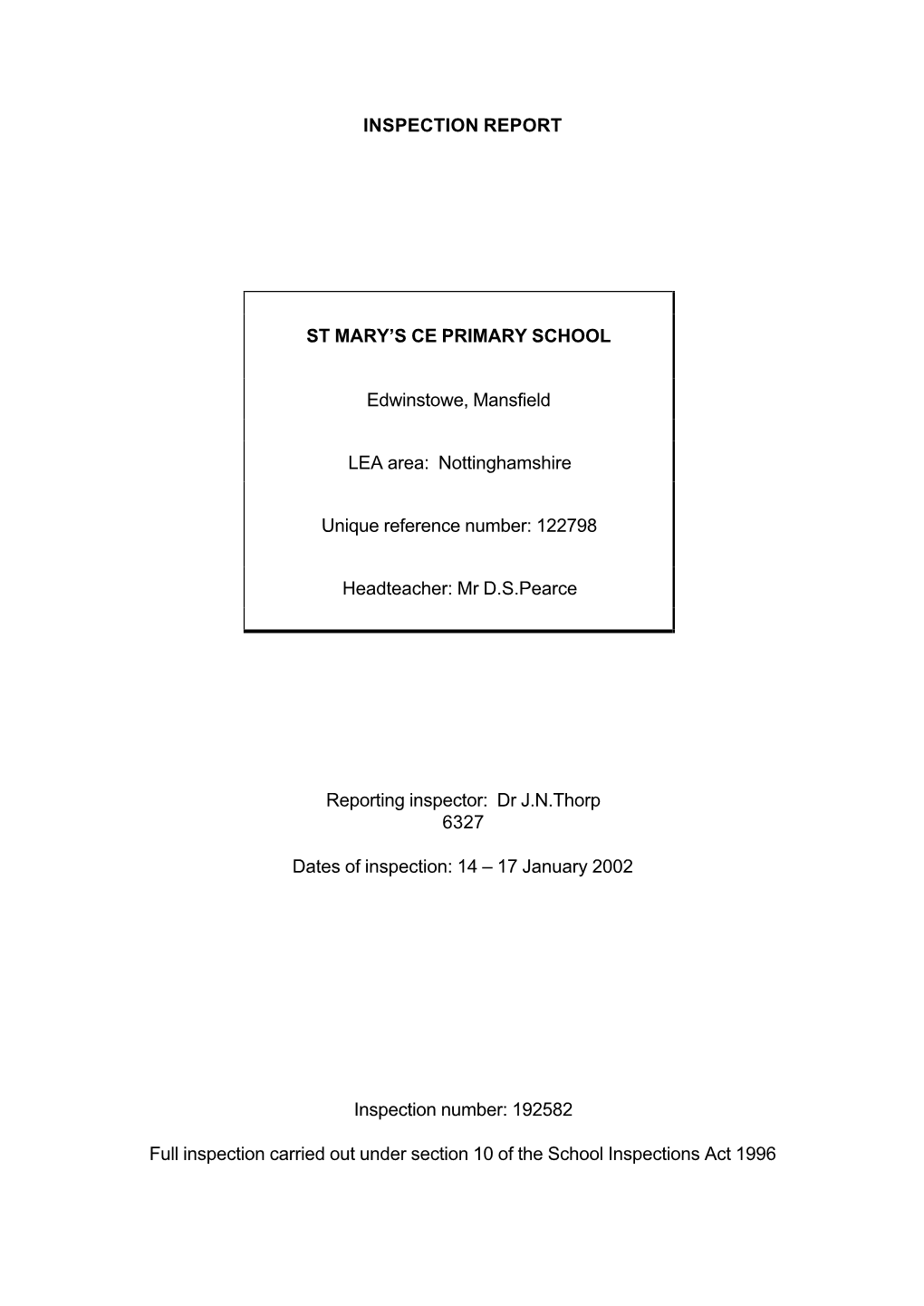 Inspection Report St Mary's Ce Primary School