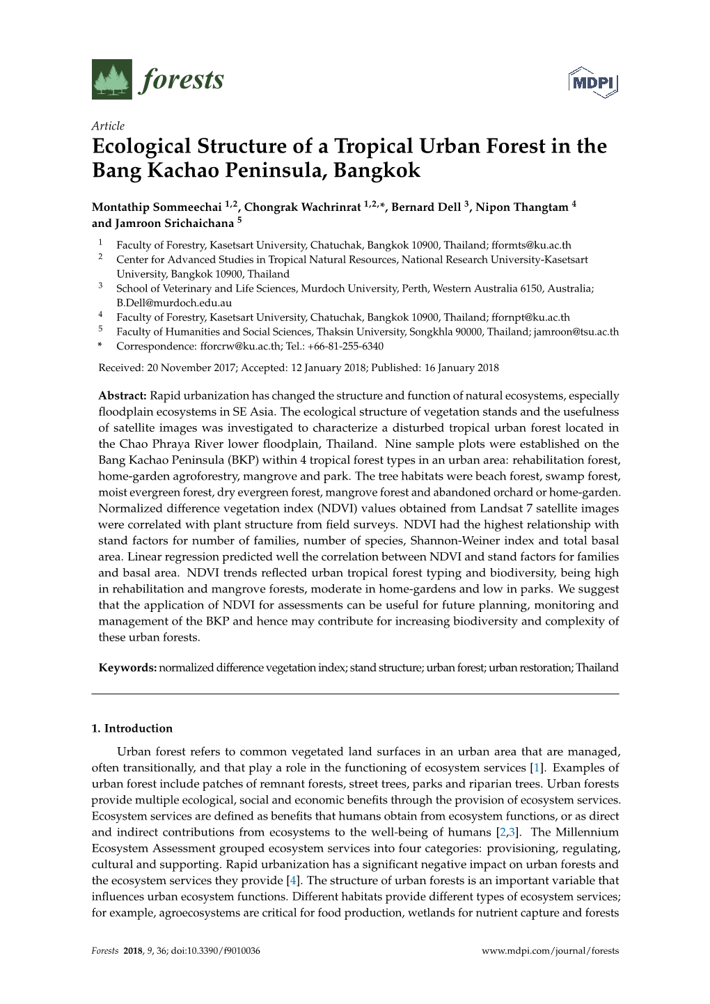 Ecological Structure of a Tropical Urban Forest in the Bang Kachao Peninsula, Bangkok