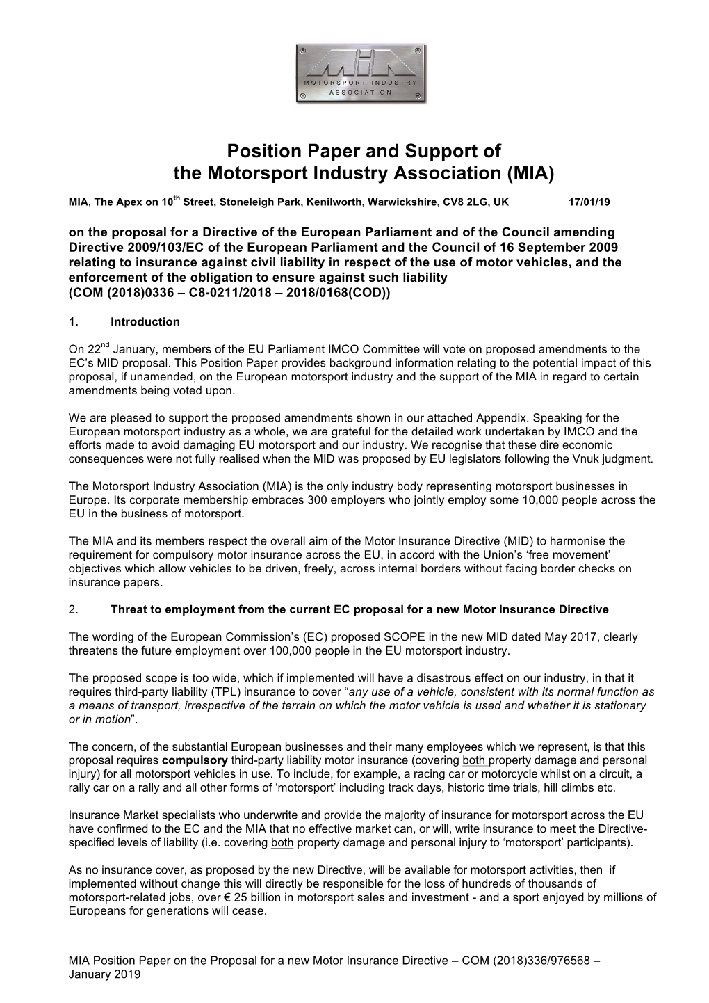 Position Paper and Support of the Motorsport Industry Association (MIA)