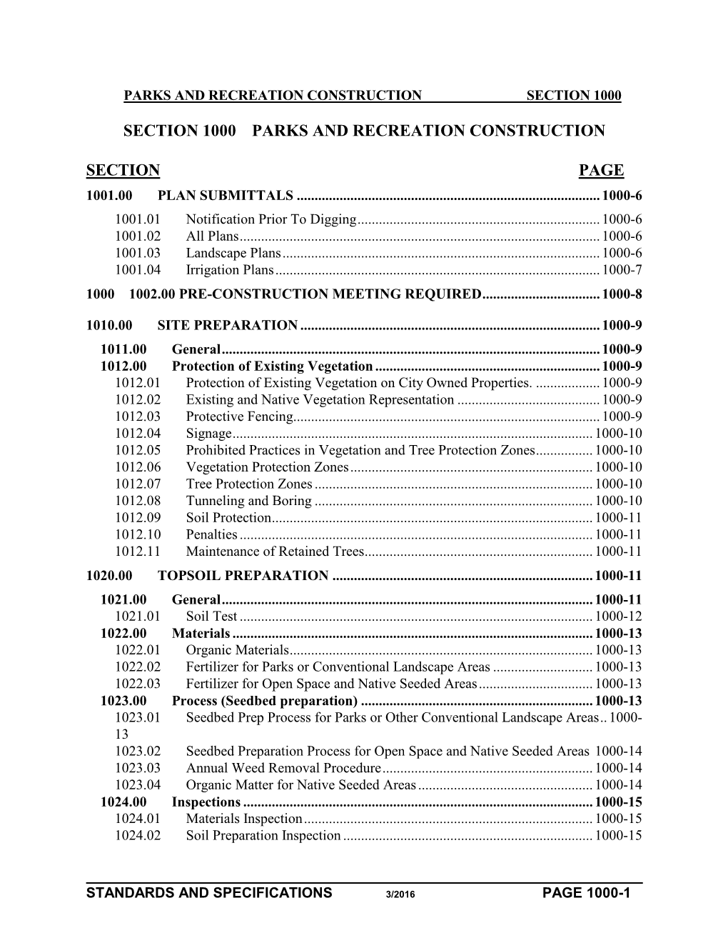 Section 1000 Parks and Recreation Construction Section Page