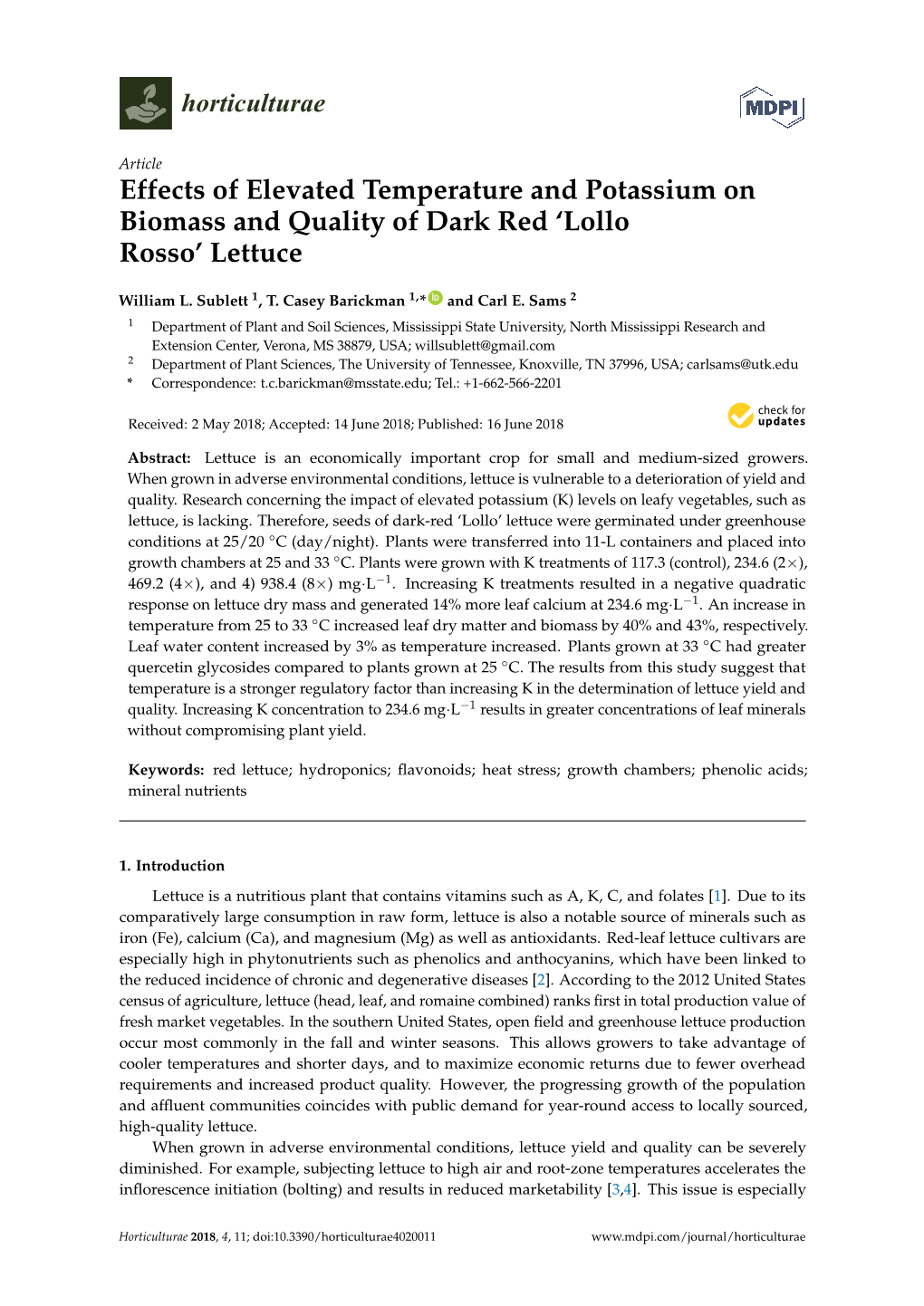 Effects of Elevated Temperature and Potassium on Biomass and Quality of Dark Red ‘Lollo Rosso’ Lettuce