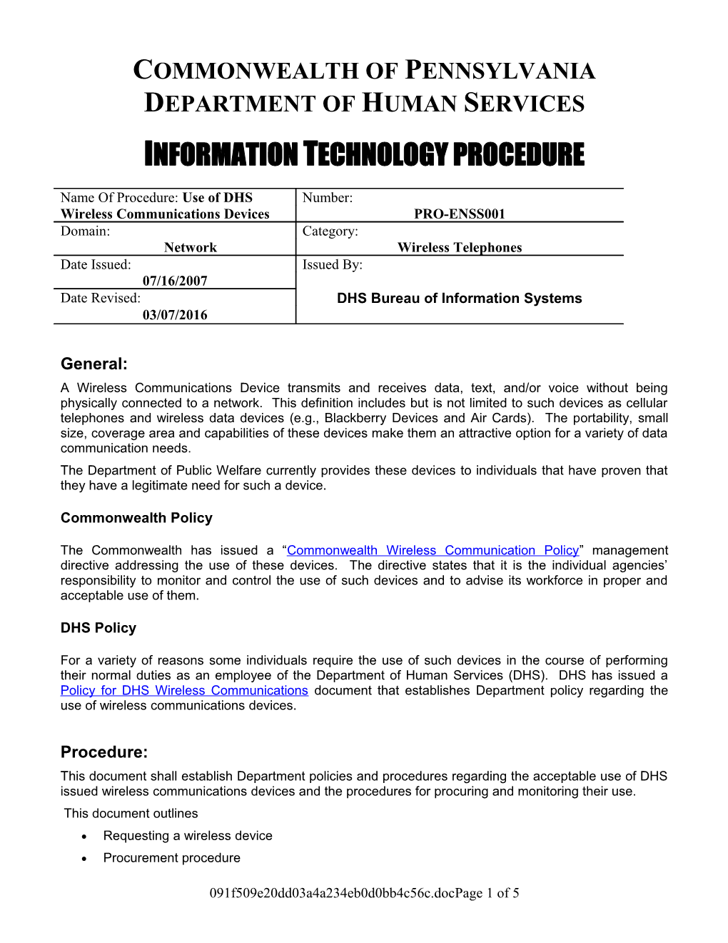 Procedures for Use of DPW Wireless Communications Devices