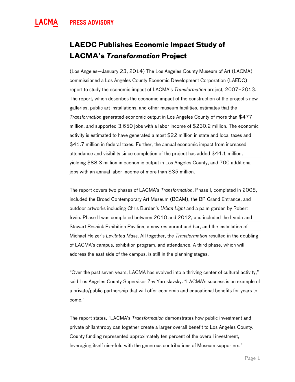 Press Advisory LAEDC Publishes Economic Impact Study of LACMA's