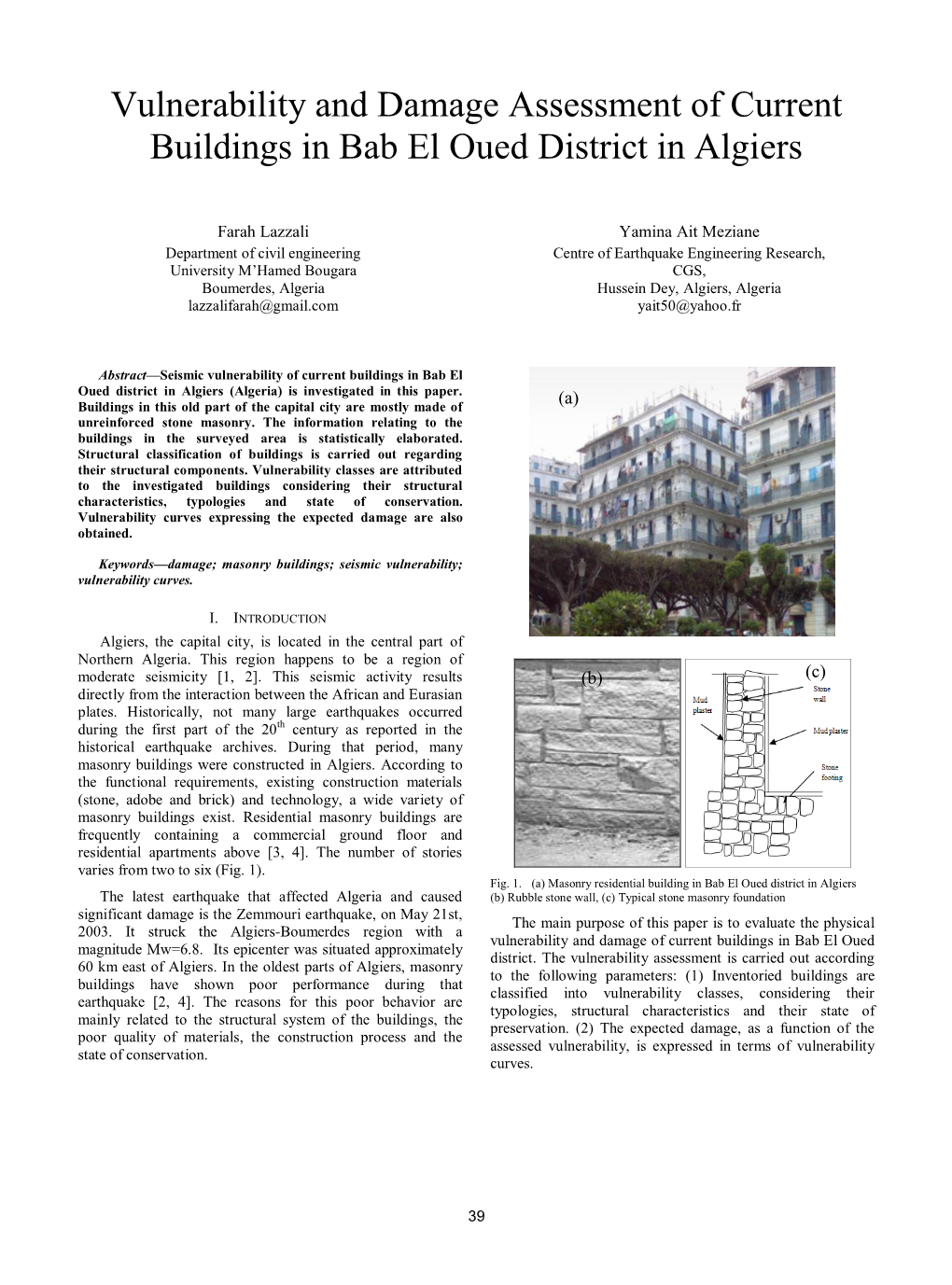 Vulnerability and Damage Assessment of Current Buildings in Bab El Oued District in Algiers