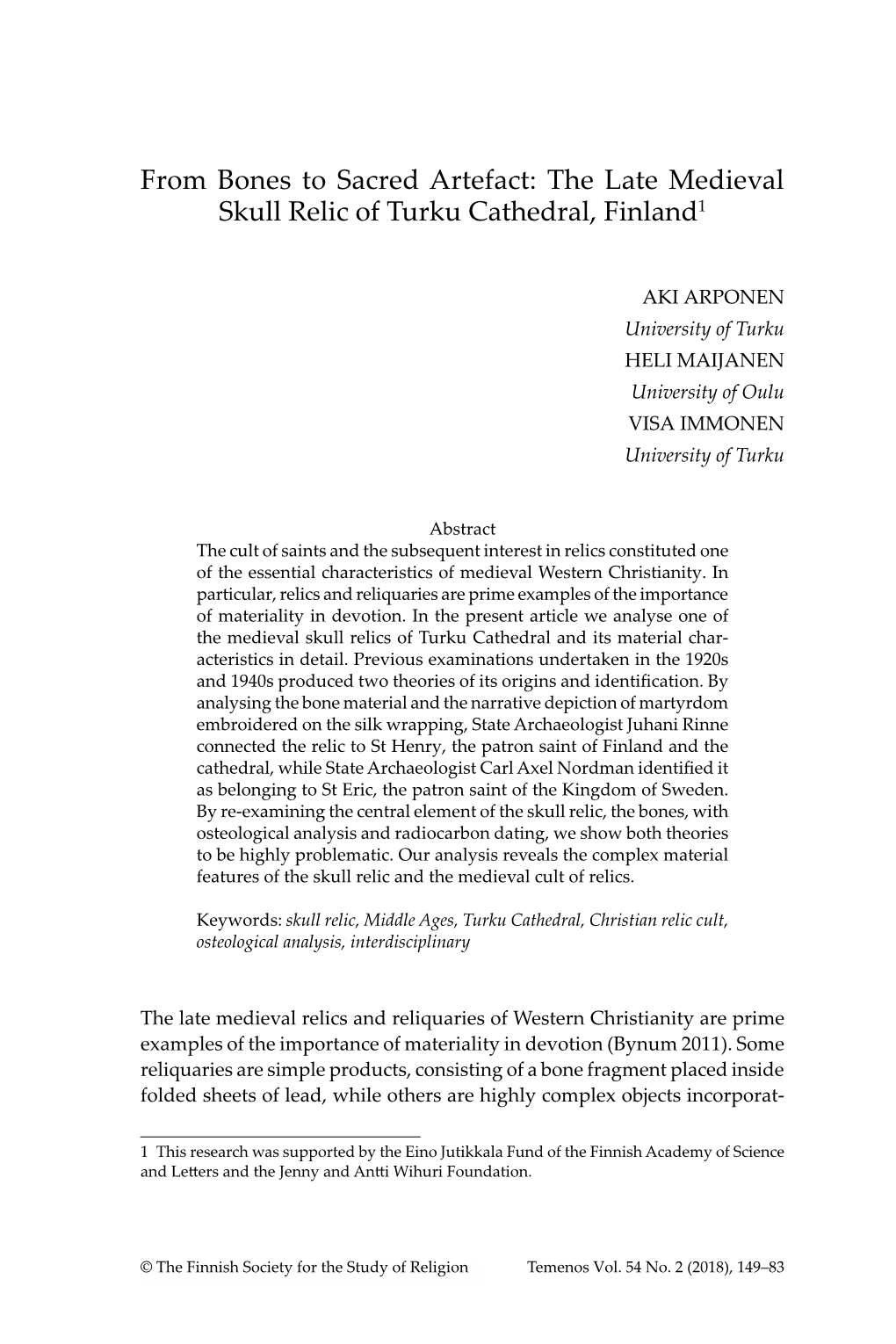 From Bones to Sacred Artefact: the Late Medieval Skull Relic of Turku Cathedral, Finland1