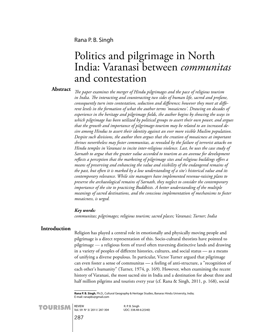 Politics and Pilgrimage in North India: Varanasi Between Communitas and Contestation