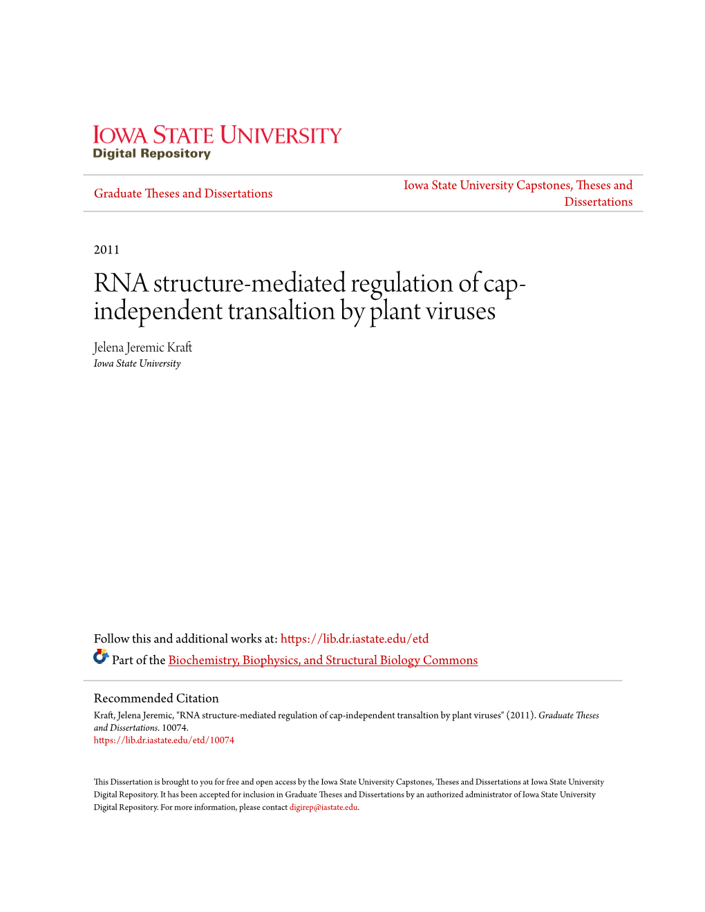 RNA Structure-Mediated Regulation of Cap-Independent Transaltion by Plant Viruses