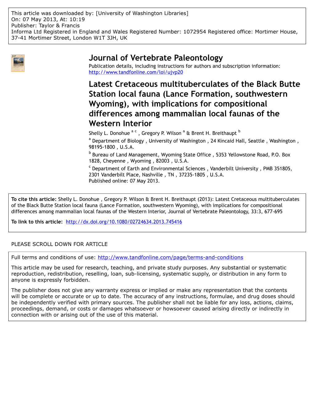 Lance Formation, Southwestern Wyoming), with Implications for Compositional Differences Among Mammalian Local Faunas of the Western Interior Shelly L