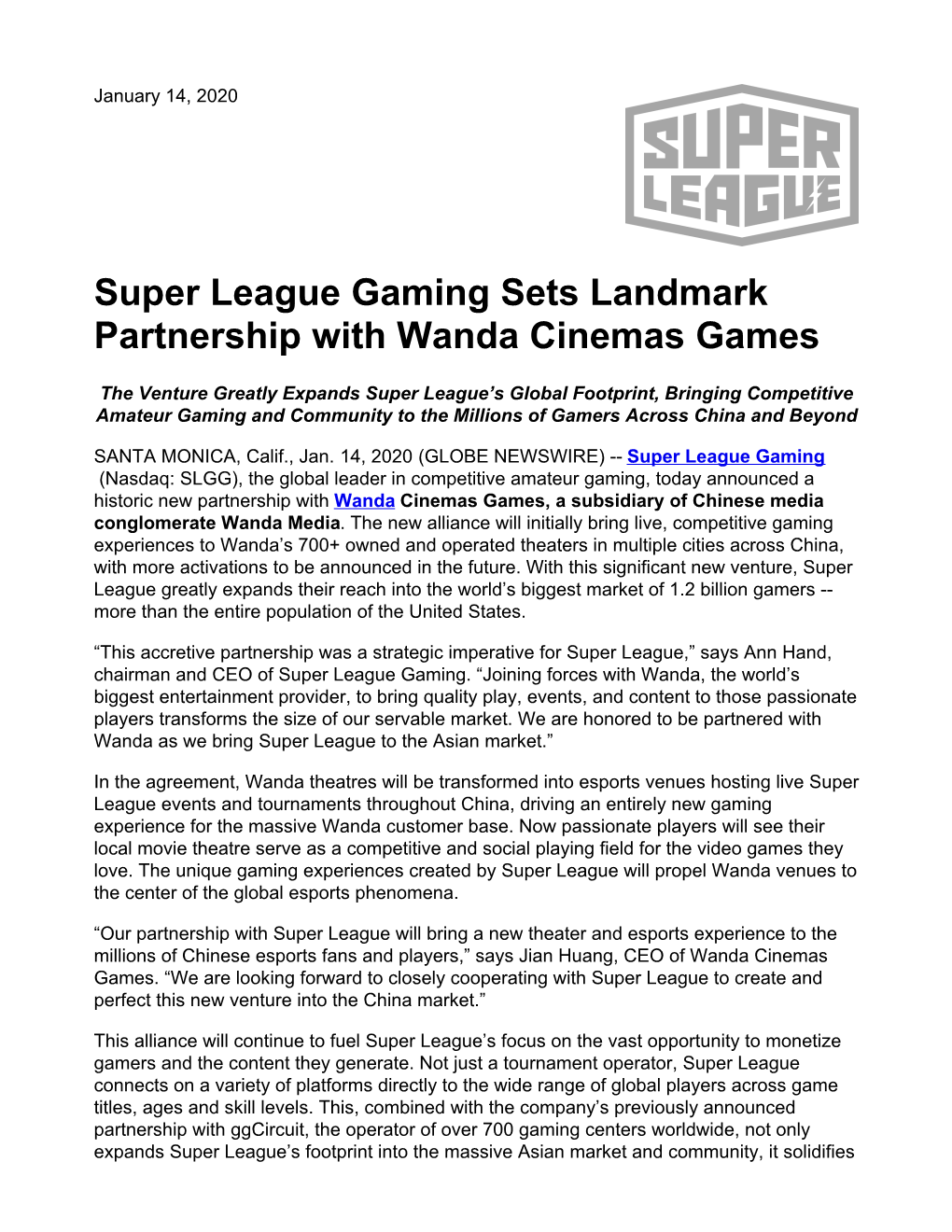 Super League Gaming Sets Landmark Partnership with Wanda Cinemas Games