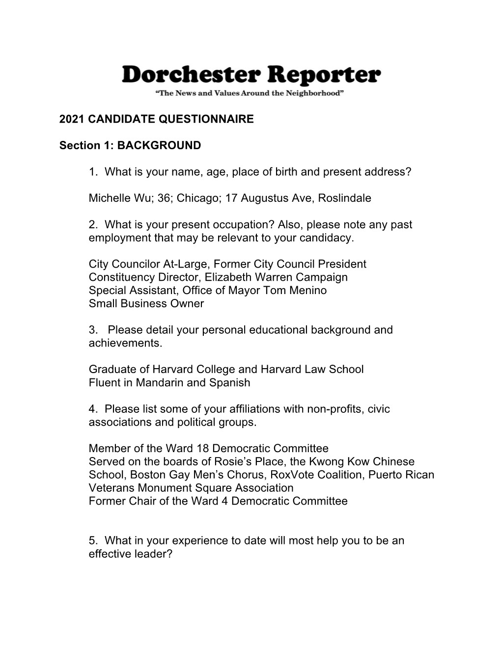 Michelle Wu Dorchester Reporter Questionnaire 2021