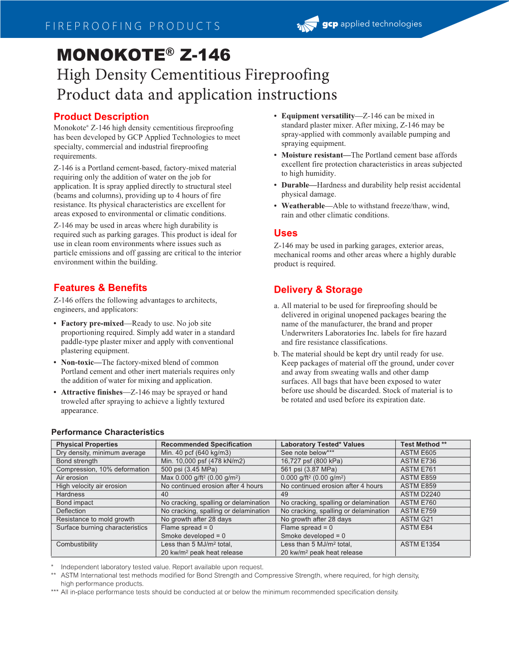 MONOKOTE® Z-146 High Density Cementitious Fireproofing Product Data and Application Instructions