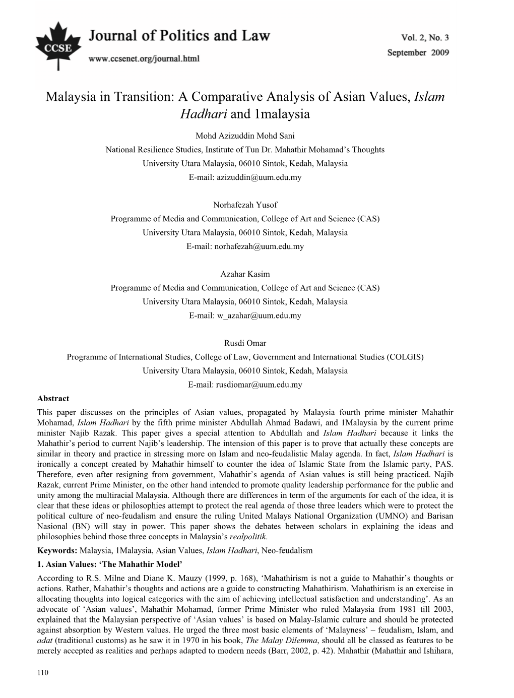 Malaysia in Transition: a Comparative Analysis of Asian Values, Islam Hadhari and 1Malaysia