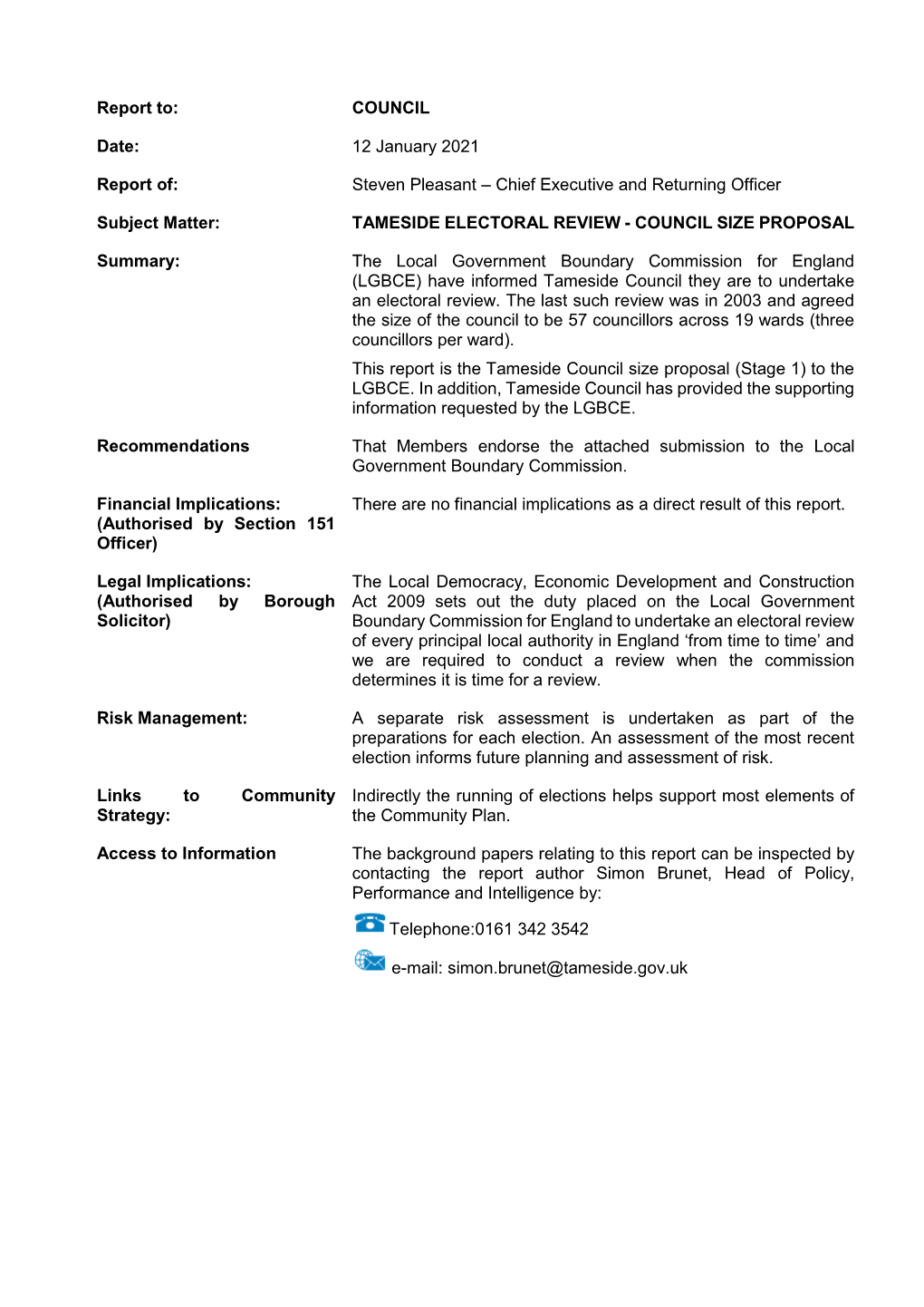 Tameside Council They Are to Undertake an Electoral Review