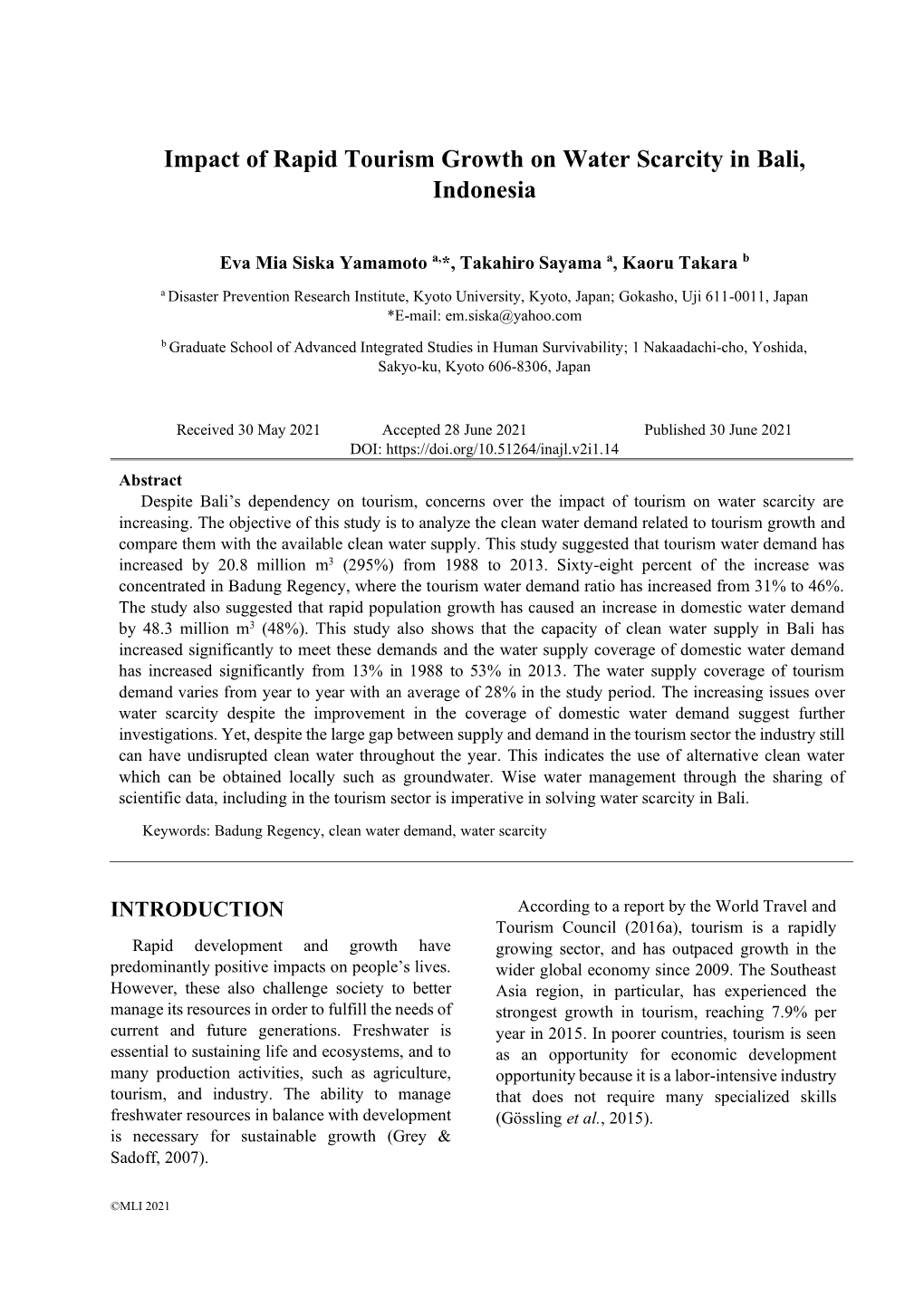 Impact of Rapid Tourism Growth on Water Scarcity in Bali, Indonesia