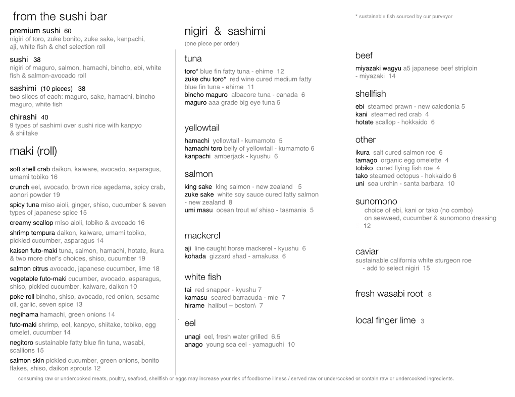 From the Sushi Bar Maki (Roll) Nigiri & Sashimi