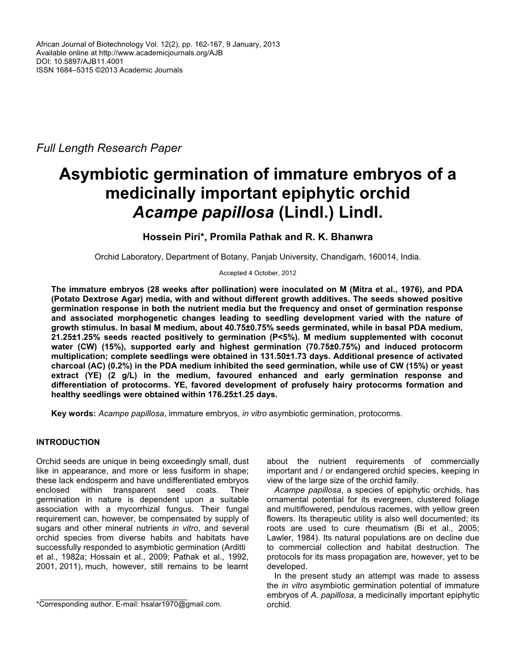 Asymbiotic Germination of Immature Embryos of a Medicinally Important Epiphytic Orchid Acampe Papillosa (Lindl.) Lindl