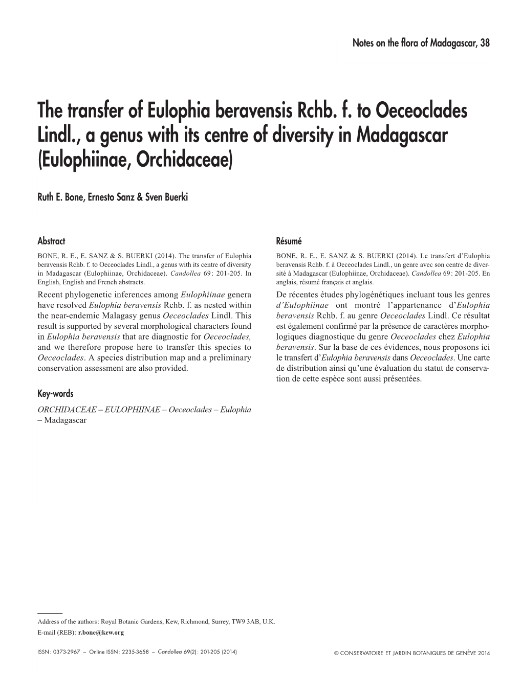 The Transfer of Eulophia Beravensis Rchb. F. to Oeceoclades Lindl., a Genus with Its Centre of Diversity in Madagascar (Eulophiinae, Orchidaceae)